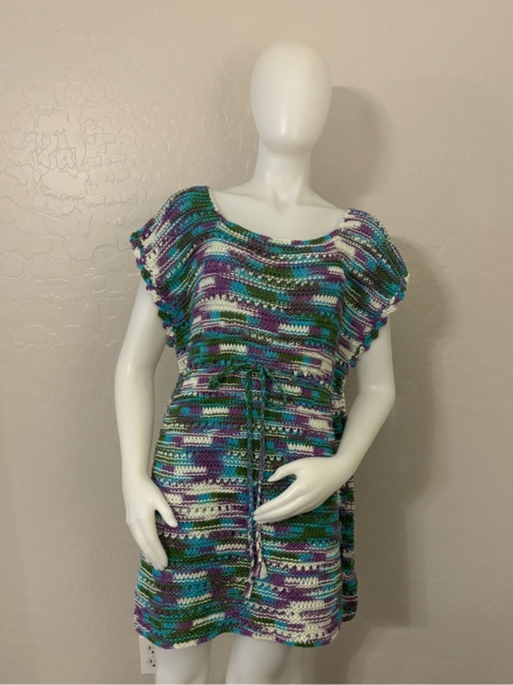 Handmade Crotchet Multicolor Blanket Quilt With Drawstring Waist Dress Medium